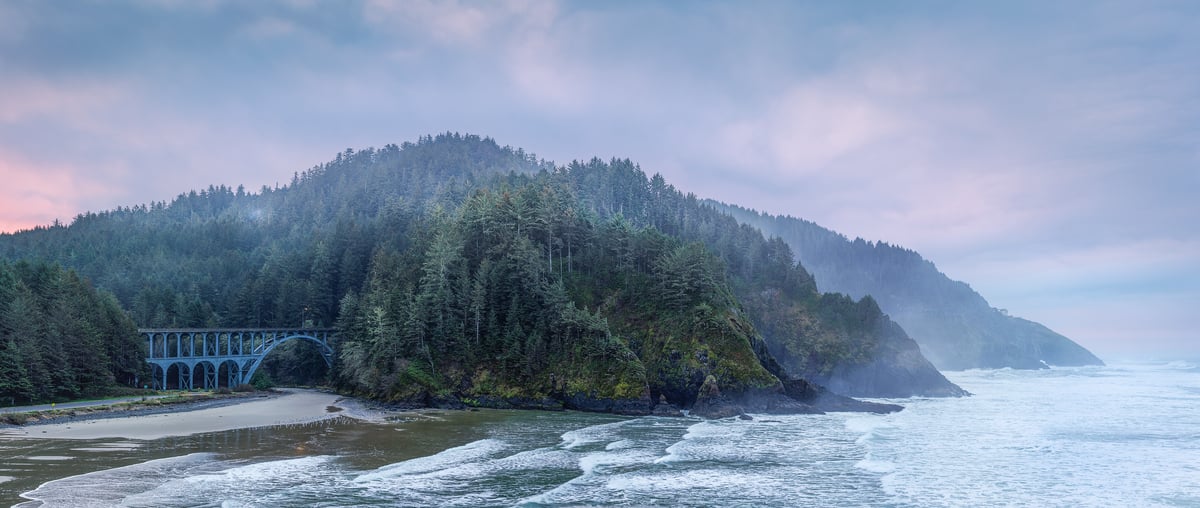 534 megapixels! A very high resolution, large-format VAST photo print of the Oregon coast with a misty forest and the ocean and beach in the foreground; seascape photograph created by Chris Blake at Heceta Head Lighthouse in Oregon.
