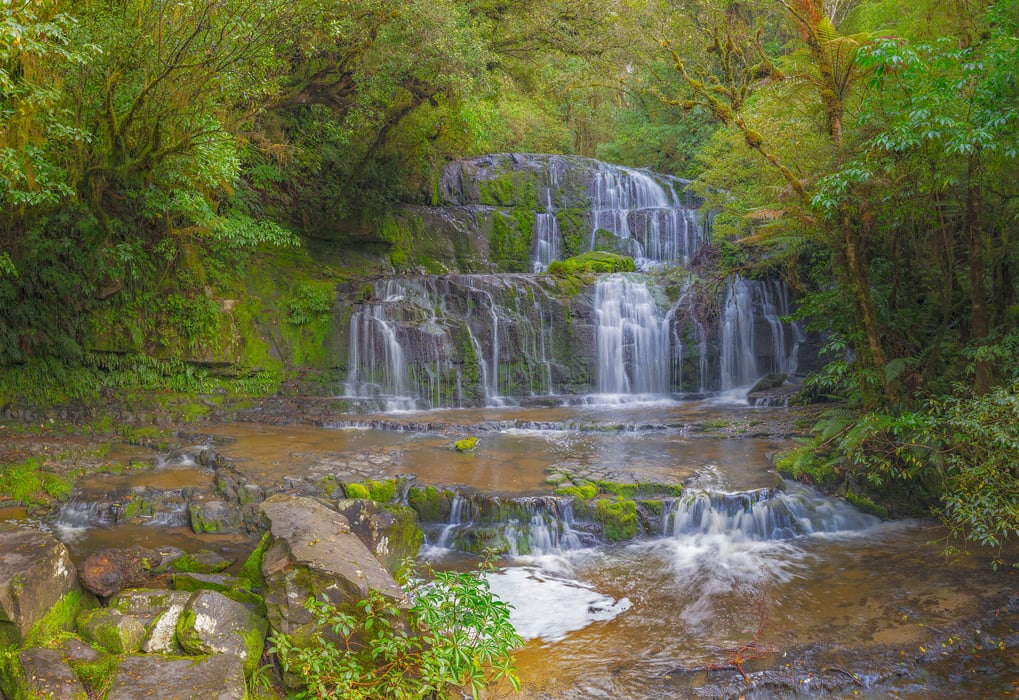 4,360 megapixels! A very high resolution, gigapixel wall mural photo of a beautiful natural waterfall in the woods; nature photograph created by John Freeman at Purakaunui Falls on South Island, New Zealand.