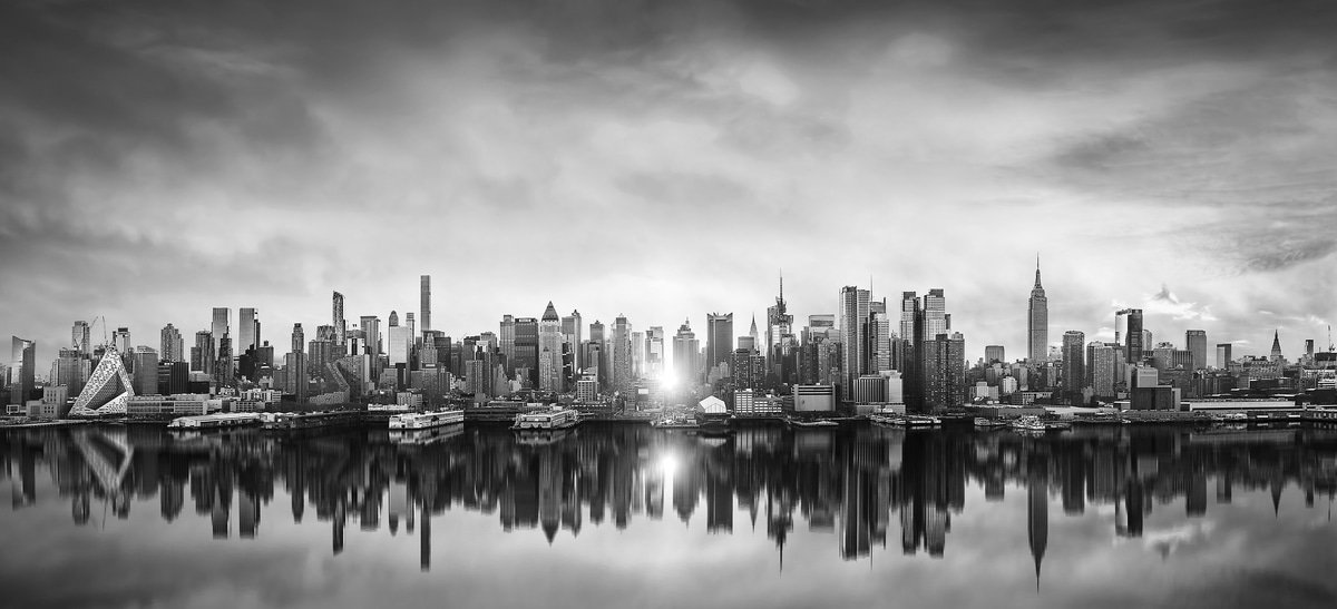 672 megapixels! A very high definition cityscape VAST photo of Manhattanhenge sunrise among the Midtown Manhattan city skyline skyscrapers; created in New York City by Dan Piech.