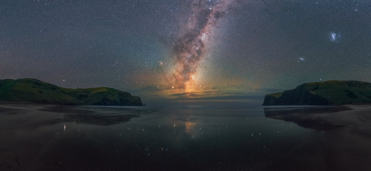 113 megapixels! A very high resolution, large-format VAST photo of the Milky Way, stars, and night sky over a beach; fine art landscape astrophotograph created by astrophotographer Paul Wilson in Eastern Bays, Banks Peninsula, New Zealand.