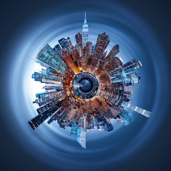 602 megapixels! A very high resolution abstract artwork photo of the Manhattan skyline skyscrapers in New York City at night; fine art photograph created by Dan Piech.