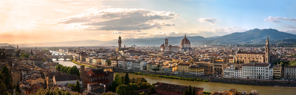 917 megapixels! A very high resolution, large-format VAST photo print of Florence, Italy at Sunset with the Cathedral of Santa Maria del Fiore, The Palazzo Vecchio, and the Arno river; fine art cityscape landscape photograph created by Justin Katz in Florence, Tuscany, Italy.
