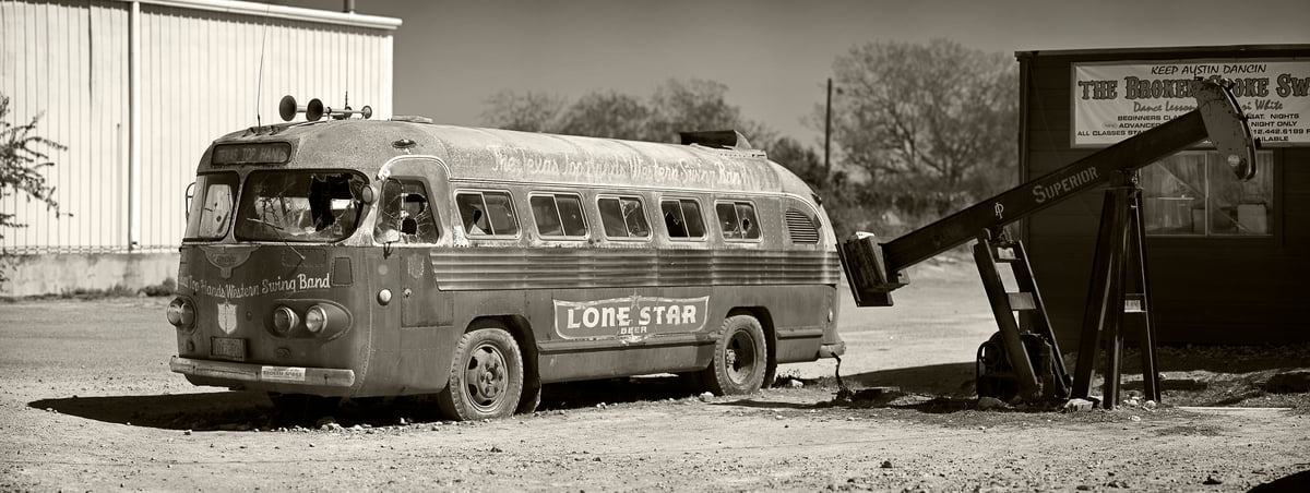 364 megapixels! A very high resolution fine art photograph of an old iconic bus that is emblamatic of Texas culture; VAST photo created by Phil Crawshay in Texas.