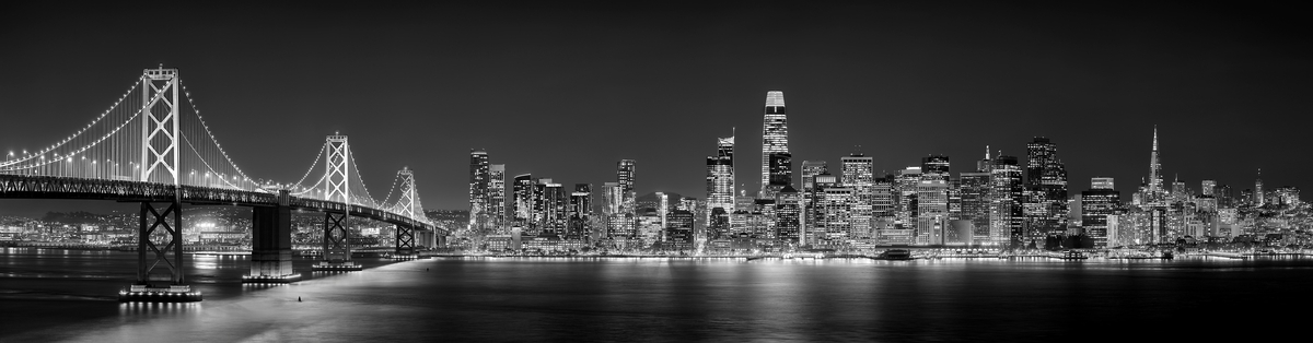686 megapixels! A very high resolution, large-format VAST photo print of the San Francisco skyline and the Bay Bridge at night; fine art cityscape skyline photograph created by Jim Tarpo in Yerba Buena Island and Treasure Island, San Francisco, California.