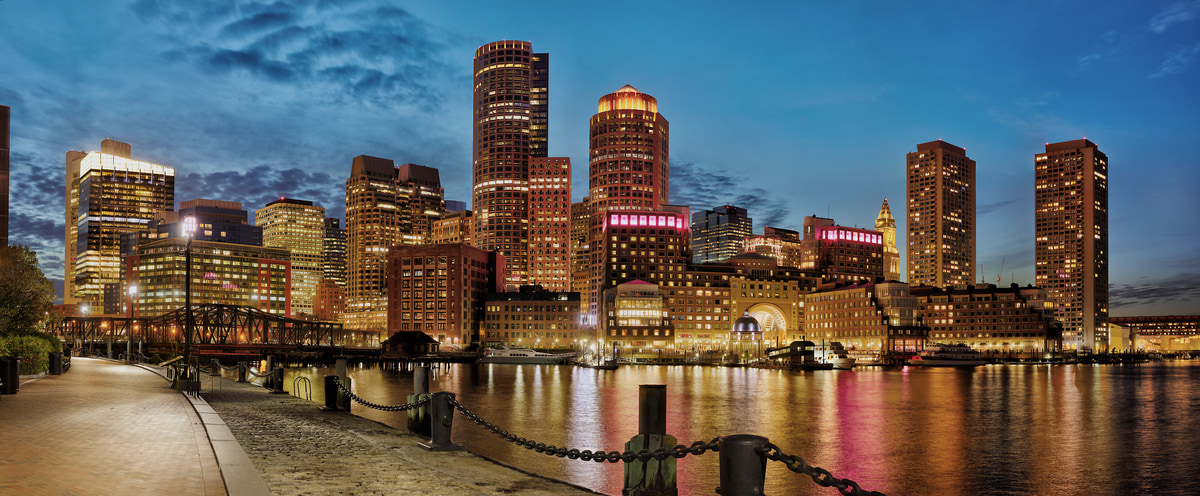 630 megapixels! A very high resolution, large-format VAST photo print of the Boston skyline at night; photograph created by Phil Crawshay in Fan Pier Park, Boston, Massachusetts.