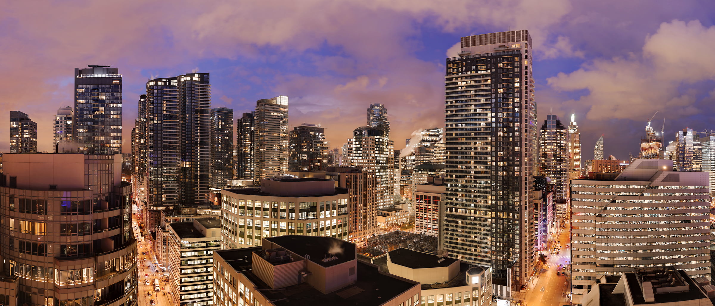 372 megapixels! A very high resolution, large-format VAST photo print of a city skyline taken from among the city buildings at night; cityscape photograph created by Phil Crawshay in Downtown Toronto, Ontario, Canada.