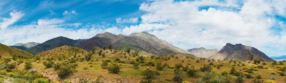 458 megapixels! A very high resolution, large-format VAST photo print of an arid mountain landscape; panorama photograph created by Jim Tarpo in Borrego Springs, CA.