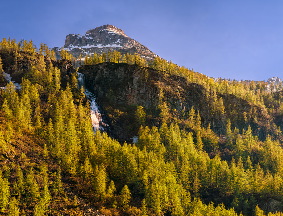 600 megapixels! A very high resolution, large-format VAST photo print of a mountain and waterfall; landscape photograph created by Duilio Fiorille in Balme, Piedmont, Italy.