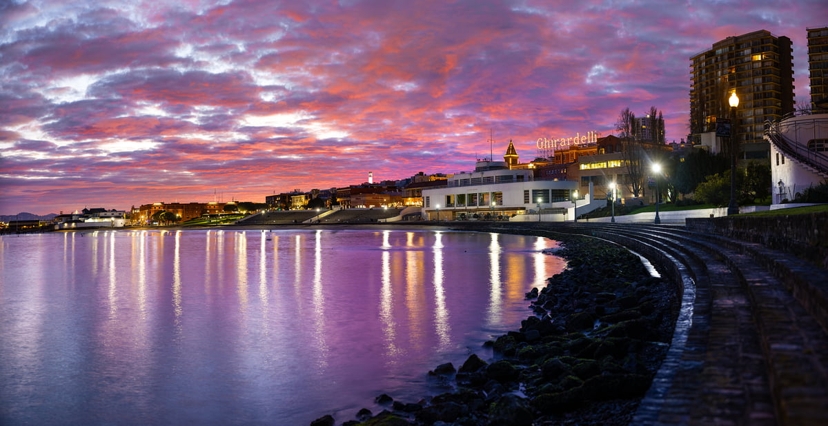 452 megapixels! A very high resolution, large-format VAST photo print of Aquatic Park at sunrise; photograph created by Nicholas Gonzales in Aquatic Park, San Francisco, California.