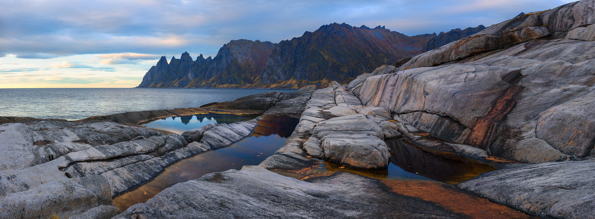 201 megapixels! A very high resolution, large-format VAST photo print of an ocean landscape with rocks and cliffs at the seashore; photograph created by Ennio Pozzetti in Tungeneset, Senja, Norway.