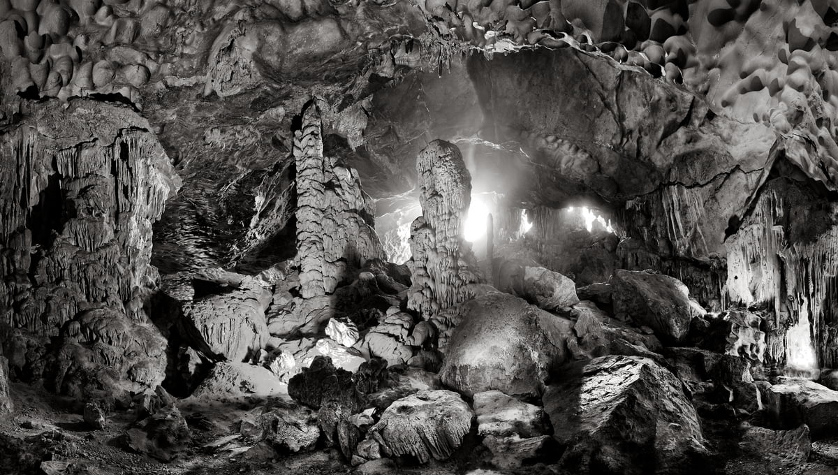330 megapixels! A very high resolution, black & white photo print of a cave; photograph created by Peter Rodger in Sung Sot Cave, Ha Long Bay, Vietnam.
