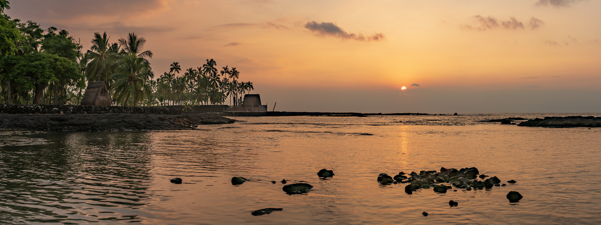164 megapixels! A very high resolution, large-format VAST photo print of a tropical sunset scene with the ocean, palm trees, and the setting sun; landscape photograph created by John Freeman in Puuhonua O Honaunau, Big Island, Hawaii.