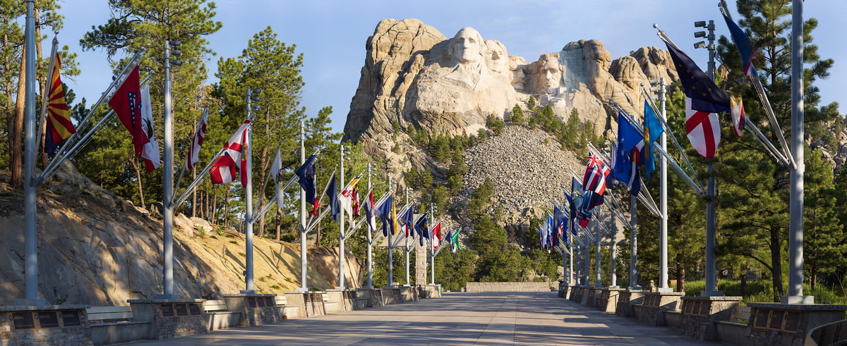 2,607 megapixels! A very high resolution, large-format VAST photo print of Avenue of the Flags at Mt. Rushmore National Monument; photograph created by John Freeman in South Dakota.