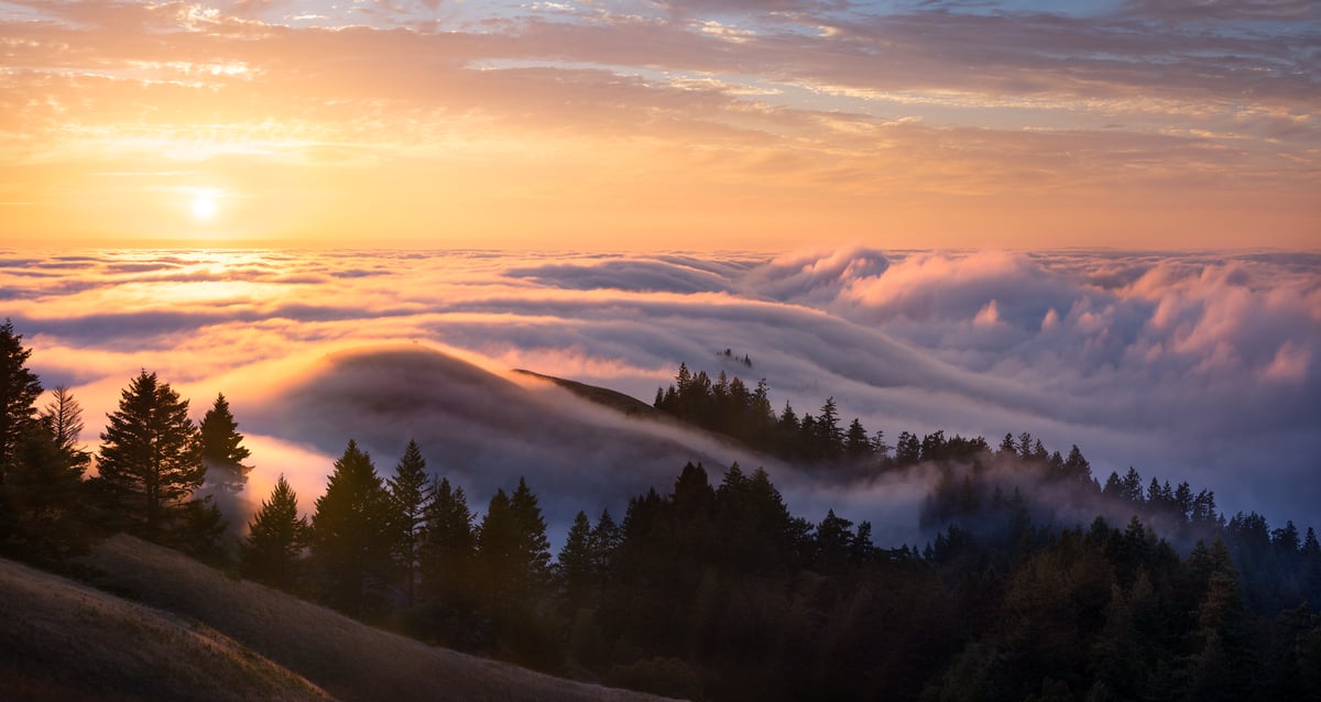 214 megapixels! A very high resolution, large-format VAST photo print of a sunset scene above clouds on top of a mountain; landscape photograph created by Jeff Lewis in Mt. Tamalpais, Marin County, California.