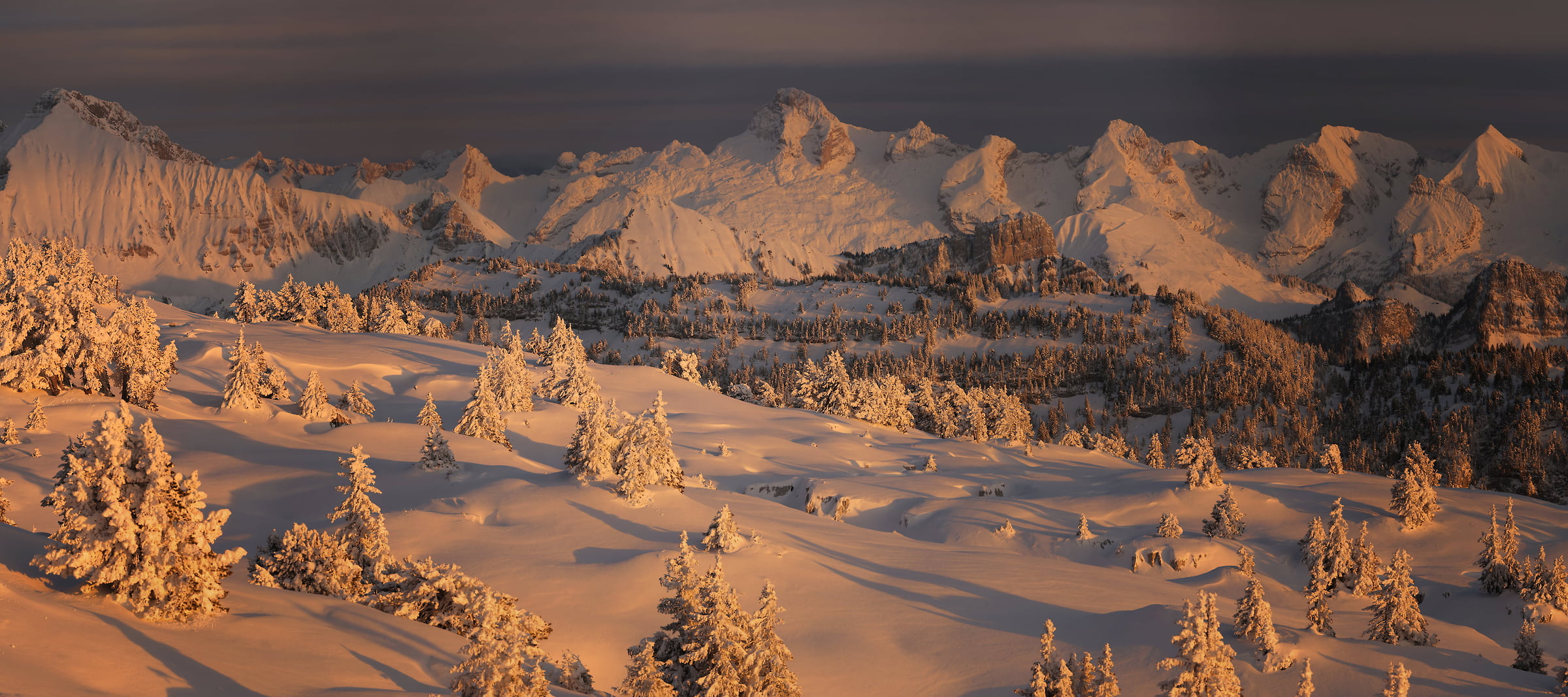 469 megapixels! A very high resolution, large-format VAST photo print of sunset on alpine snow in front of a mountain range; landscape photograph created by Alexandre Deschaumes in Sous-Dine Plateau, France.