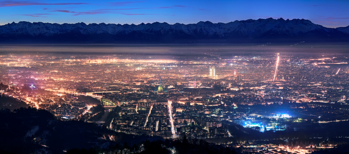 613 megapixels! A very high resolution, large-format VAST photo print of Turin, Italy at night; photograph created by Duilio Fiorille in Turin, Piedmont, Italy.