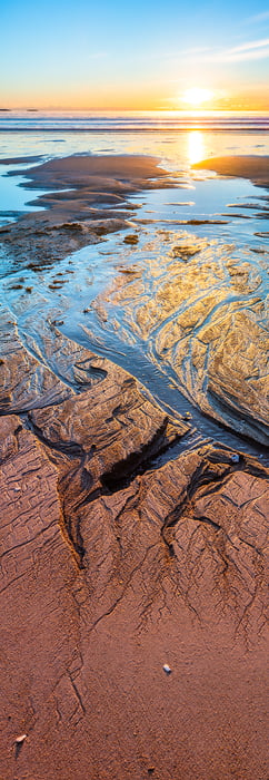 182 megapixels! A very high resolution, vertical photo print of a beach at sunrise; photograph created by Aaron Priest in Old Orchard Beach, Maine.