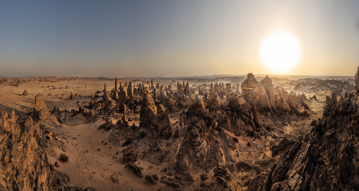 306 megapixels! A very high resolution, large-format VAST photo print of a surreal landscape of rock formations in the desert; mural photograph created by Peter Rodger in Al Ula, Saudi Arabia.