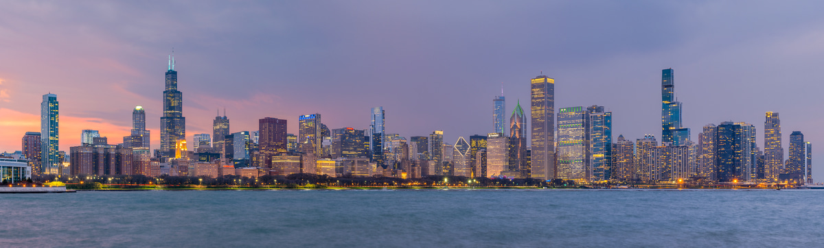 376 megapixels! A very high resolution, large-format VAST photo print of the Chicago skyline at sunset; cityscape photograph created by Chris Blake in Chicago, Illinois.