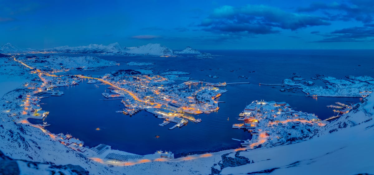 3,563 megapixels! A very high resolution, large-format VAST photo print of a landscape scene at night with a fishing village, mountains, snow, and the Atlantic ocean; landscape photograph created by Martin Kulhavy in Ballstadheia, Ballstad, Norway.