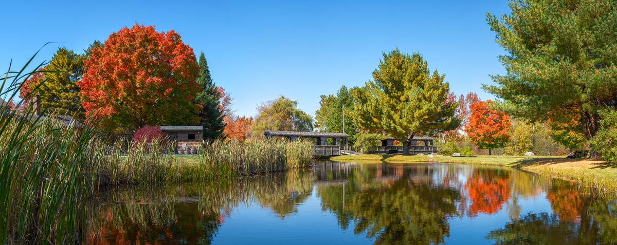 346 megapixels! A very high resolution, large-format VAST photo print of a peaceful pond in autumn with trees and fall foliage; photograph created by Jim Tarpo in Hollis, Maine.