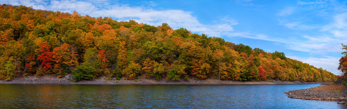 834 megapixels! A very high resolution, large-format VAST photo print of a river and fall foliage; photograph created by Jim Tarpo in Berlin, Connecticut.