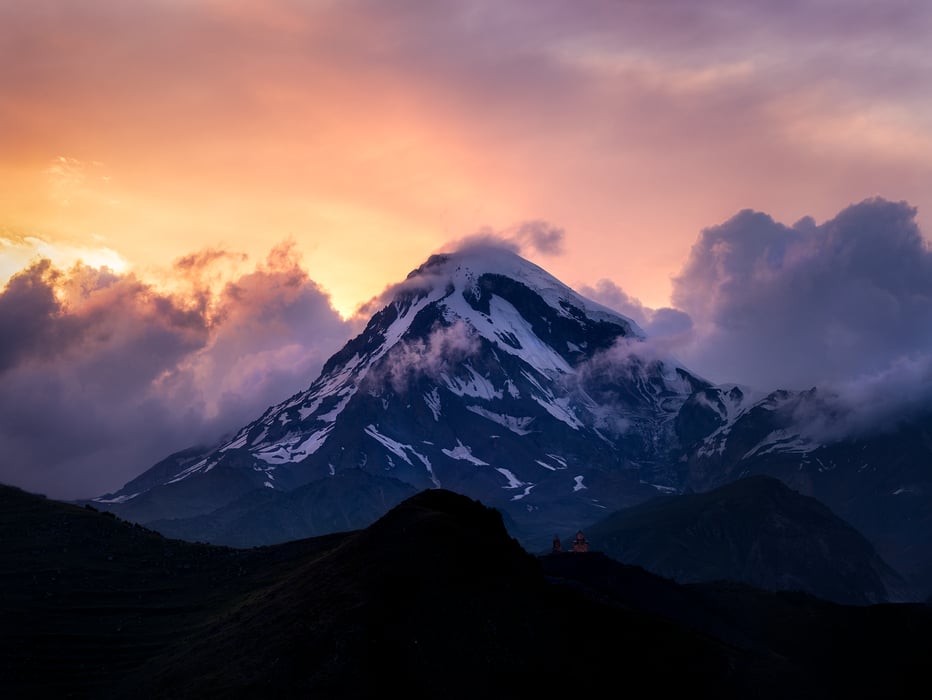 300 megapixels! A very high resolution, large-format VAST photo print of Kazbegi Mount in the Georgian Caucasus Mountains; landscape photograph created by Francesco Emanuele Carucci in Stepantsminda Townlet, Georgia.