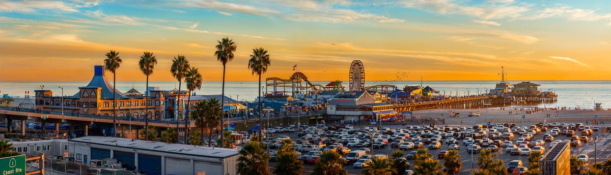 363 megapixels! A very high resolution, large-format VAST photo print of Santa Monica pier at sunset with the beach and Pacific Ocean; photograph created by Jim Tarpo in Santa Monica, Los Angeles, California.