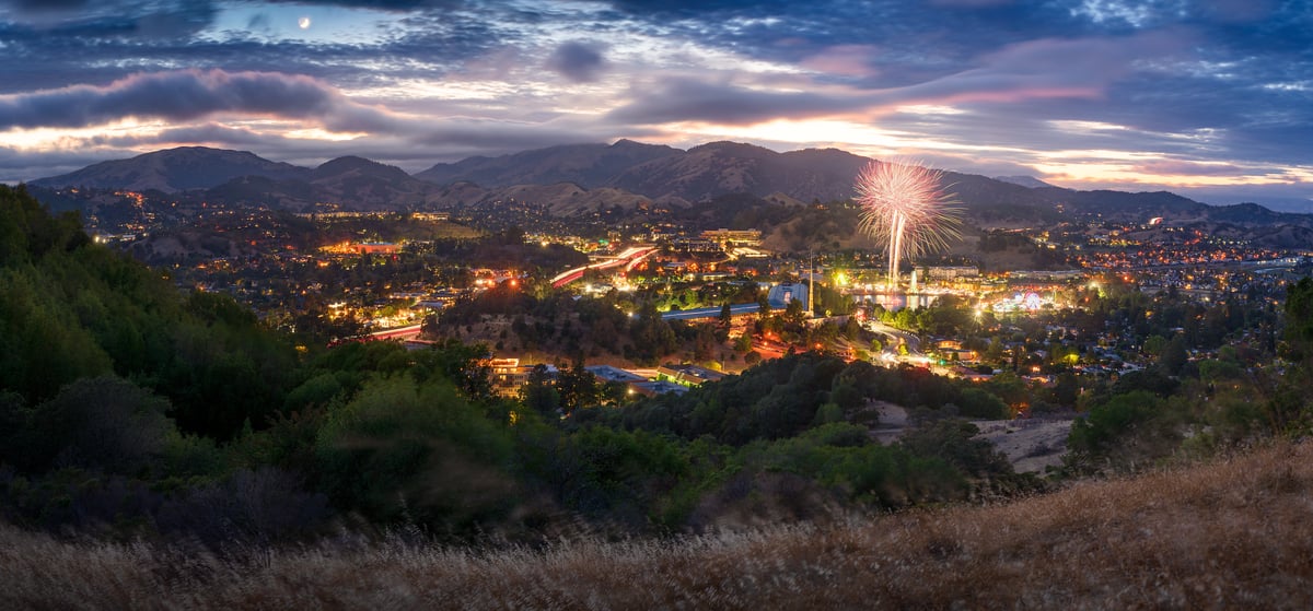 188 megapixels! A very high resolution, large-format VAST photo print of fireworks on the Fourth of July in downtown San Rafael, California; photograph created by Jeff Lewis in San Rafael, Marin, California.