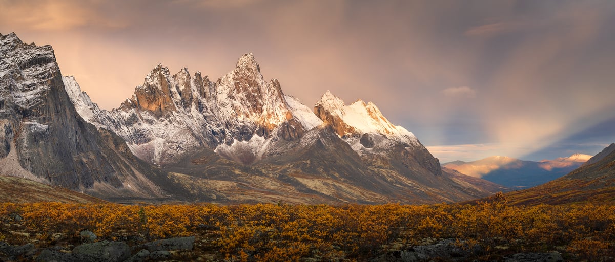 210 megapixels! A very high resolution, large-format VAST photo print of an epic mountain range at sunset; landscape photograph created by Jeff Lewis in Tombstone Territorial Park, Yukon, Canada.