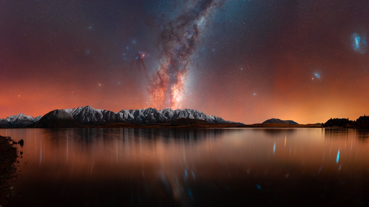 475 megapixels! A very high resolution, large-format VAST photo print of a beautiful lake at night with the Milky Way in the sky and mountains surrounding the lake; landscape astrophotograph photograph created by Paul Wilson at Lake Heron in Canterbury, New Zealand.