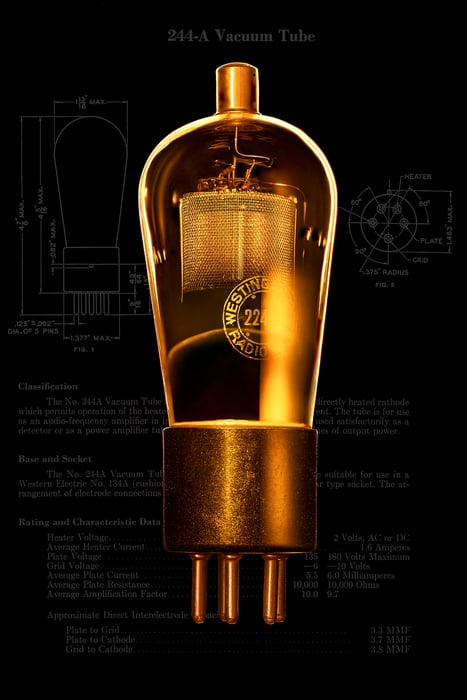 101 megapixels! A very high resolution, large-format fine art print representing technology. Photograph of a vacuum tube and its data specification sheet created by Scott Dimond.