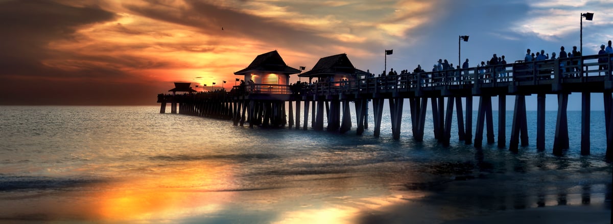 141 megapixels! A very high resolution, large-format VAST photo print of a sunset over a beach pier in the evening; photograph created by Phil Crawshay in Naples, Florida.