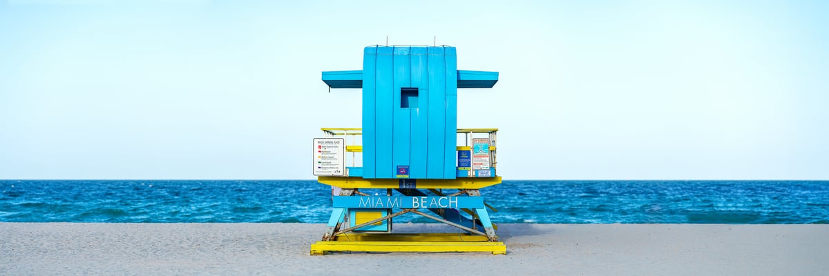 121 megapixels! A very high resolution, large-format VAST photo print of a lifeguard stand on the beach in South Beach, Miami, Florida; photograph created by Beyti Barbaros.