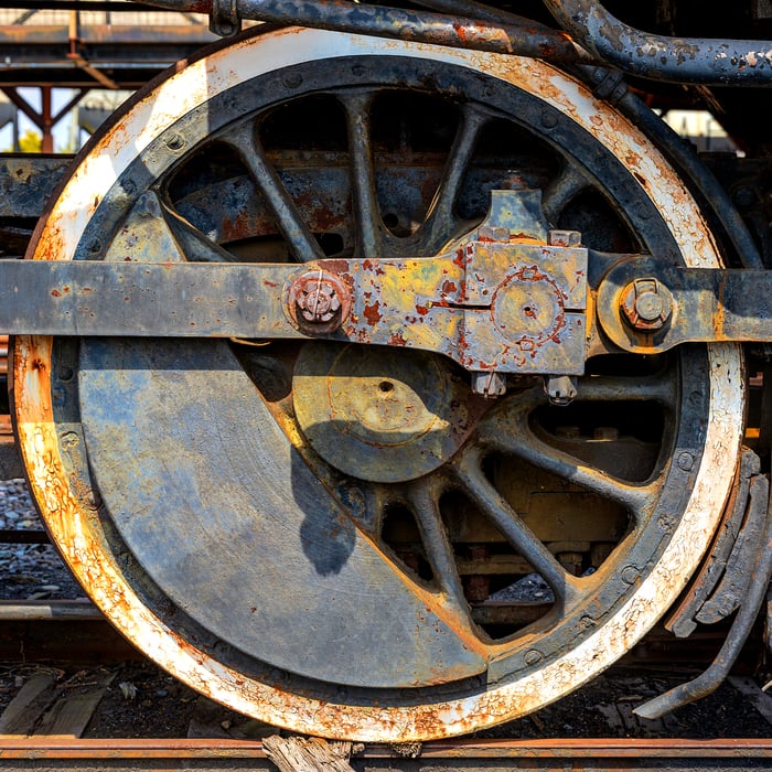 200 megapixels! A very high resolution, large-format VAST photo print of an old train wheel with rust; fine art photograph created by Beyti Barbaros at the Steamtown Museum in Scranton, Pennsylvania.