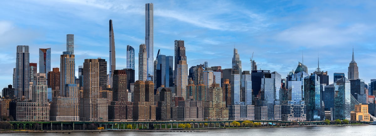 533 megapixels! A very high resolution, large-format VAST photo print of the Upper East Side skyline in New York City during a beautiful blue sky day; cityscape photograph created by Beyti Barbaros.