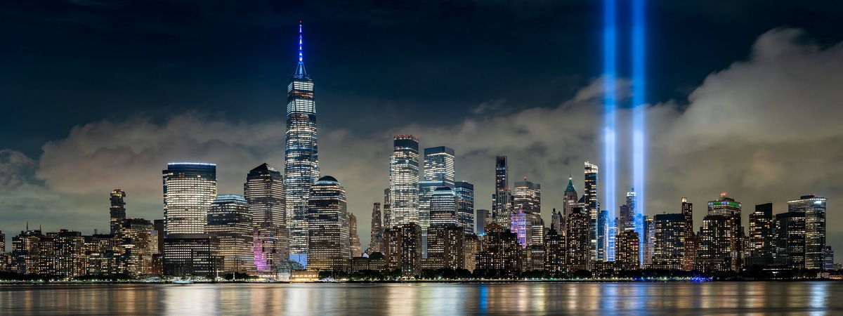 113 megapixels! A very high resolution, large-format VAST photo print of the Tribute in Light memorial in Manhattan at night, honoring September 11th; skyline photograph created by Beyti Barbaros of New York City.
