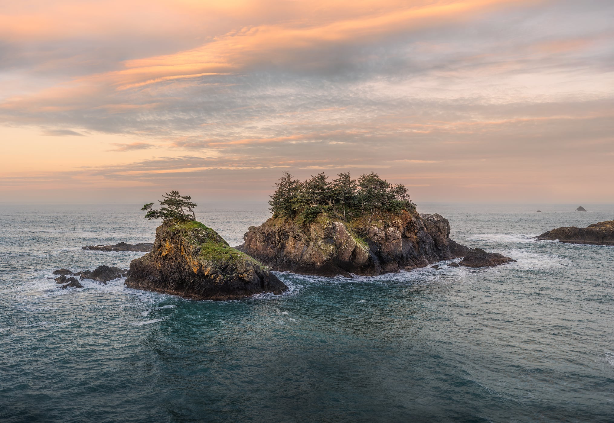 338 megapixels! A very high resolution, large-format VAST photo print of some tiny rocky islands with a few trees on them in the ocean in Seal Cove, part of the Thunder Rock area of Oregon; seascape photograph created by Chris Blake.