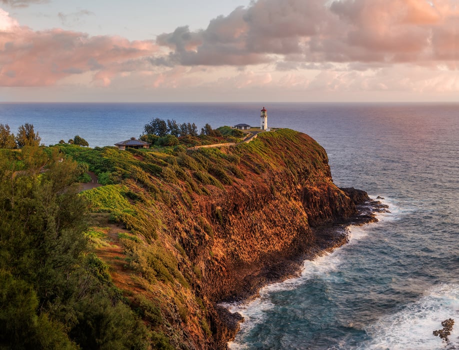 222 megapixels! A very high resolution, large-format VAST photo print of Kilauea Lighthouse at sunrise; landscape photograph created by Chris Blake on Kauai, Hawaii.