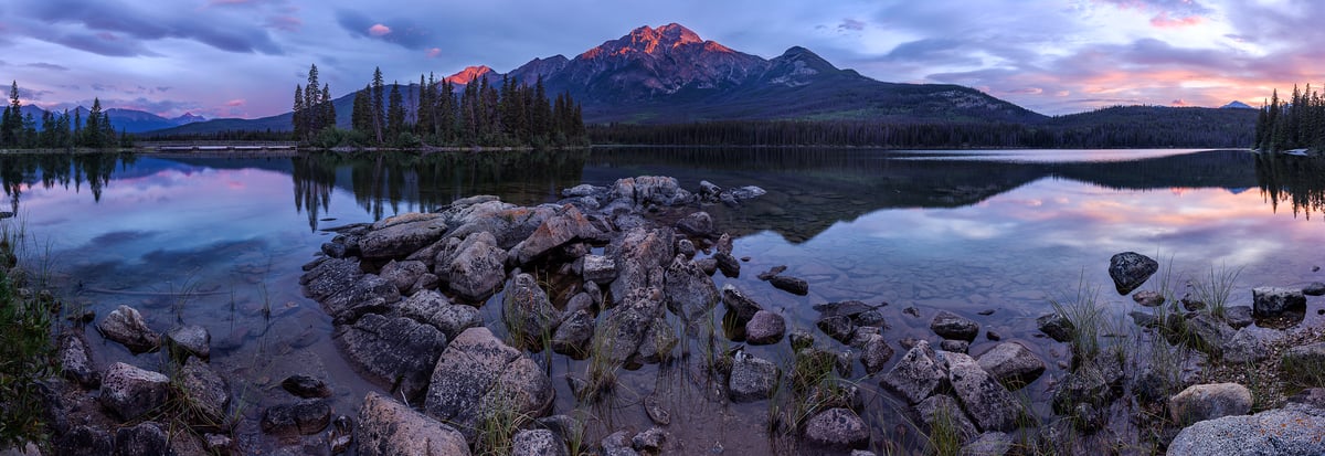 642 megapixels! A very high resolution, large-format VAST photo print of a peaceful, tranquil lake at dawn with a beautiful sunrise sky; landscape photograph created by Scott Dimond in Pyramid Lake, Jasper National Park, Alberta, Canada.