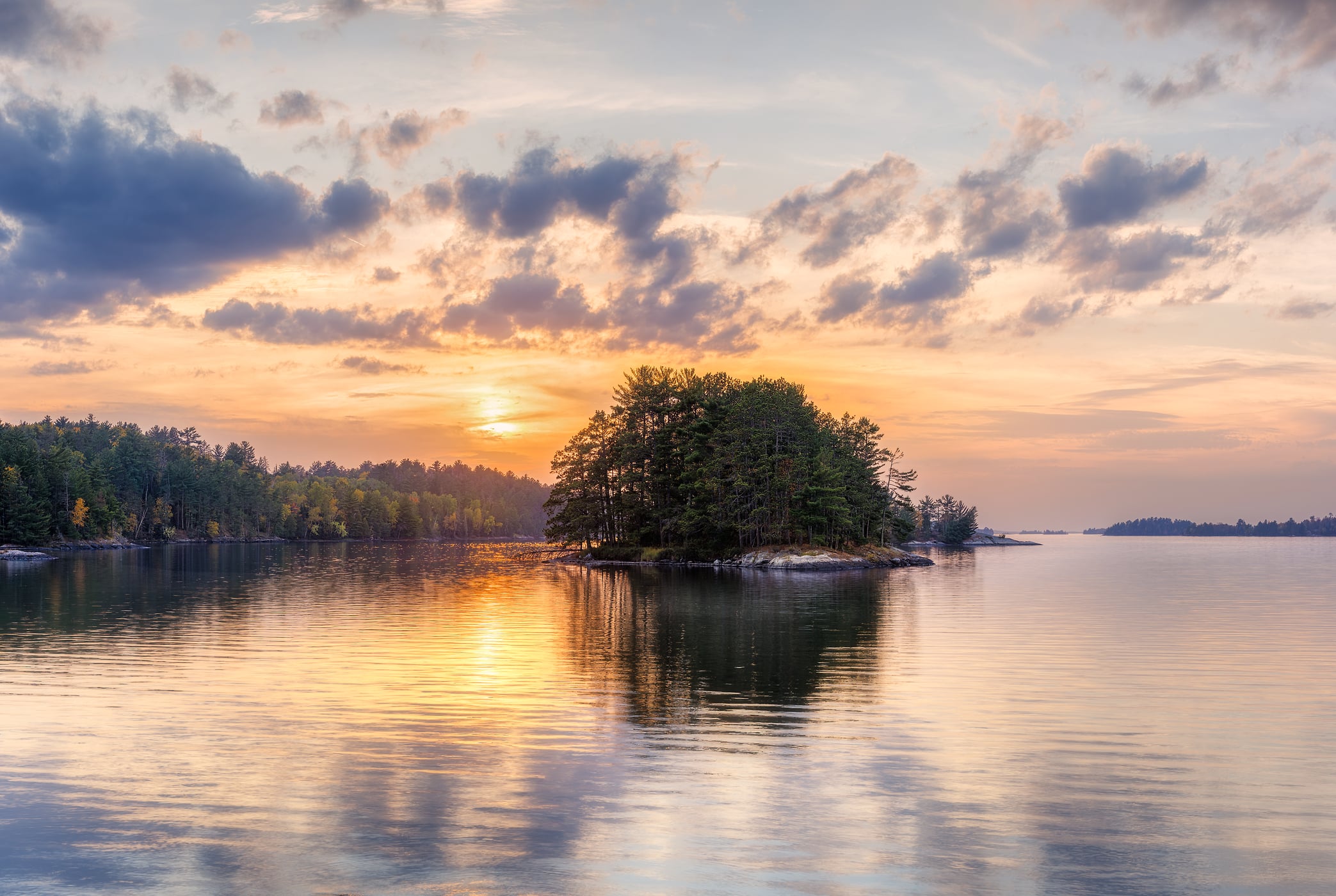 213 megapixels! A very high resolution, large-format VAST photo print of a beautiful lake with an island with trees on it at sunset; nature photograph created by Chris Blake in Voyageurs National Park, Minnesota.