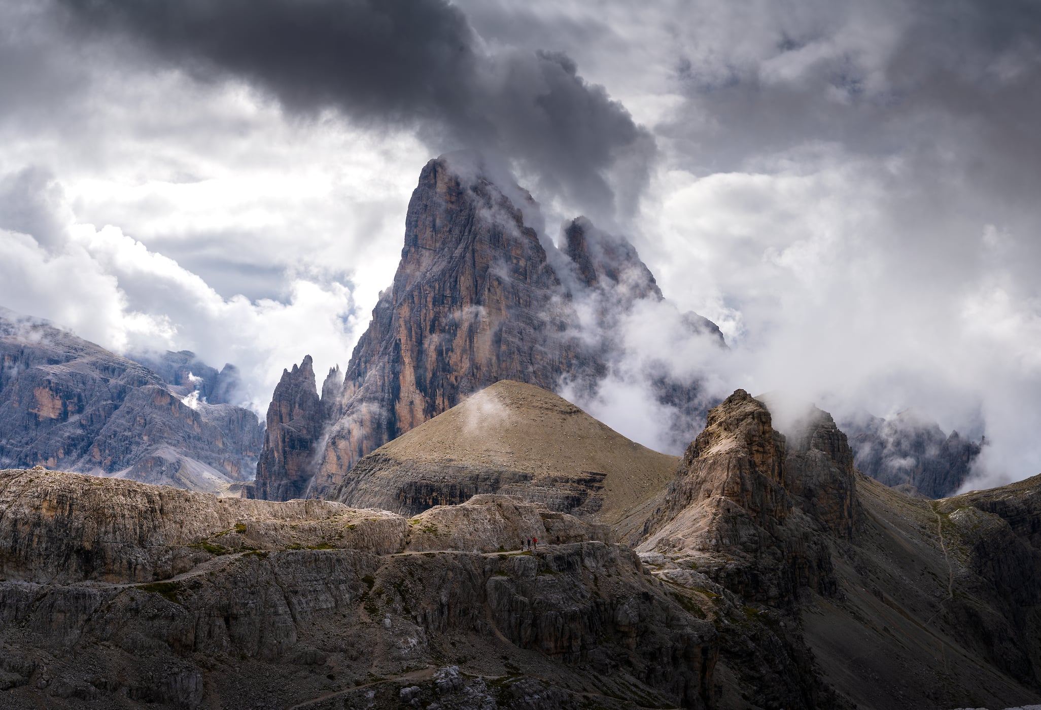 243 megapixels! A very high resolution, large-format VAST photo print of impressive mountains with beautiful clouds hanging on the peaks; fine art photograph created by Jeff Lewis in Sexten Dolomites, Italy.