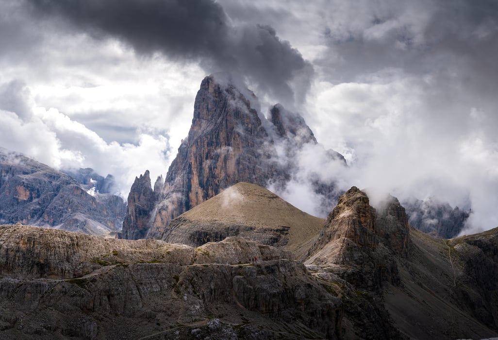 243 megapixels! A very high resolution, large-format VAST photo print of impressive mountains with beautiful clouds hanging on the peaks; fine art photograph created by Jeff Lewis in Sexten Dolomites, Italy.