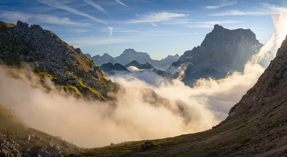 159 megapixels! A very high resolution, large-format VAST photo print of an alpine scene with mountains and valleys filled with clouds at sunrise; landscape photograph created by Jeff Lewis in Cortina d'Ampezzo, Italy.