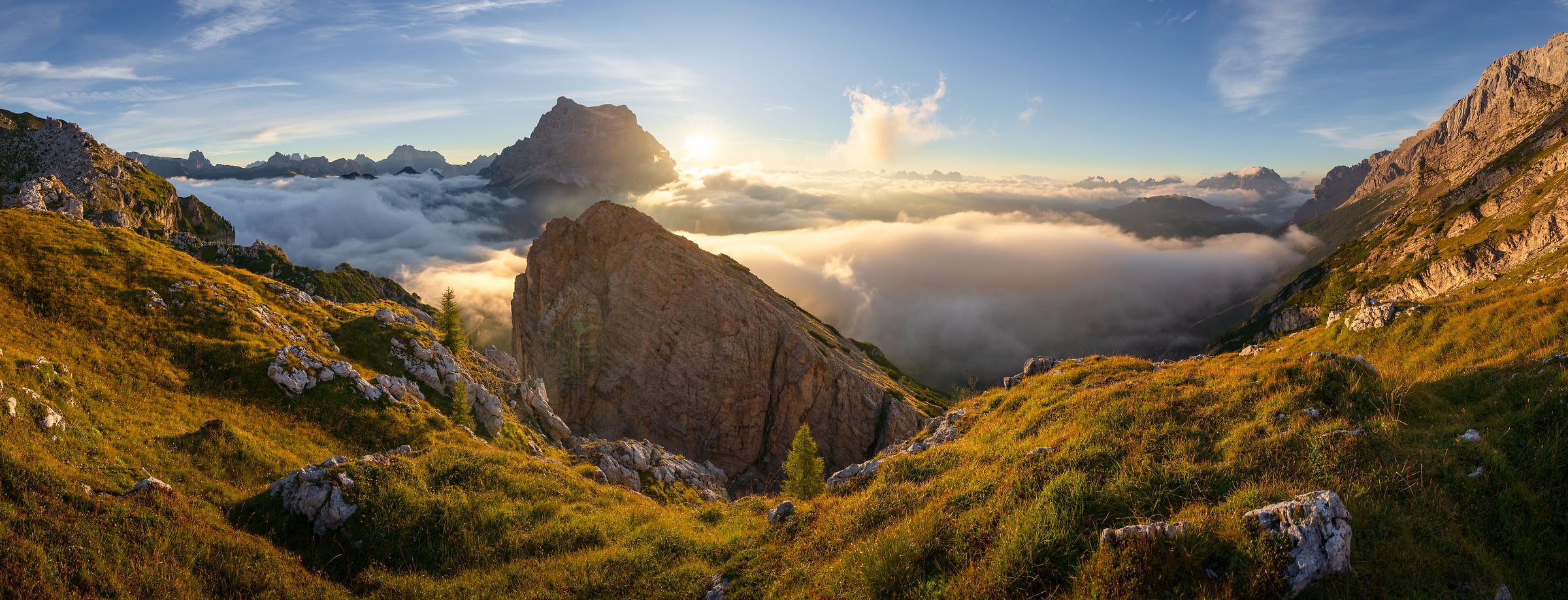 212 megapixels! A very high resolution, large-format landscape photo print of an alpine scene with mountains and valleys filled with clouds at sunrise; panorama photograph created by Jeff Lewis in Cortina d'Ampezzo, Italy.