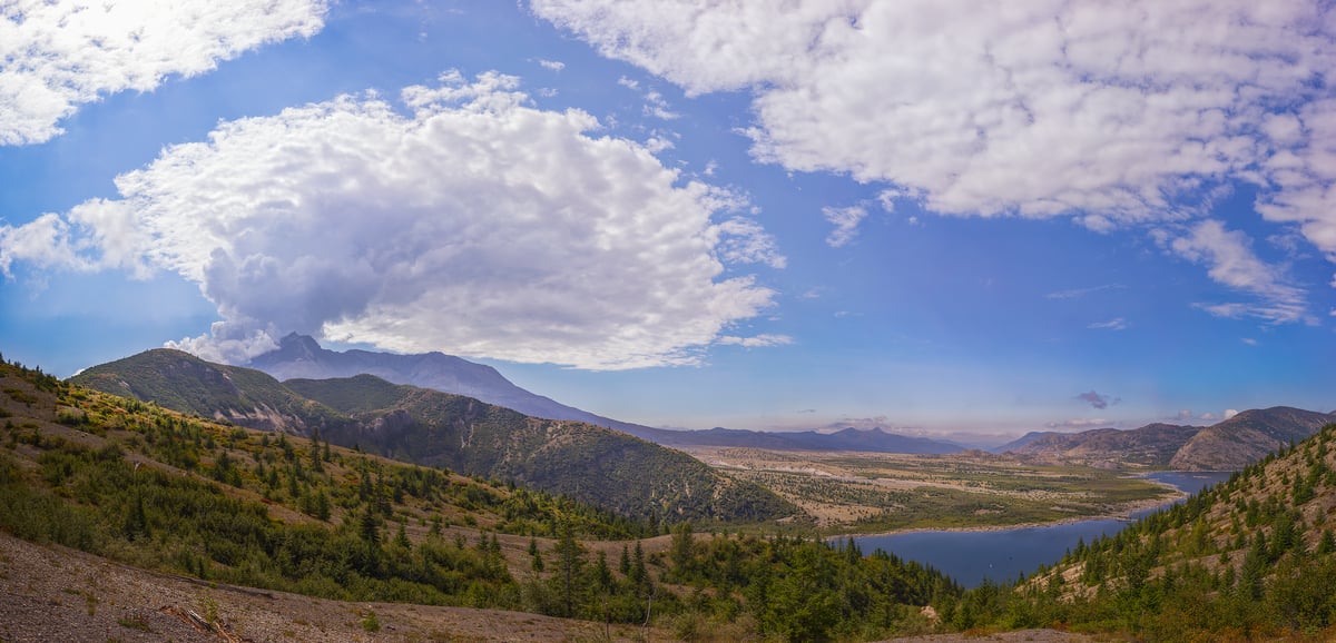 1,694 megapixels! A very high resolution, large-format VAST photo print of Mount Saint Helens; landscape photograph created by John Freeman from Windy Ridge Viewpoint on Forest Rd 99, Cougar, Washington.