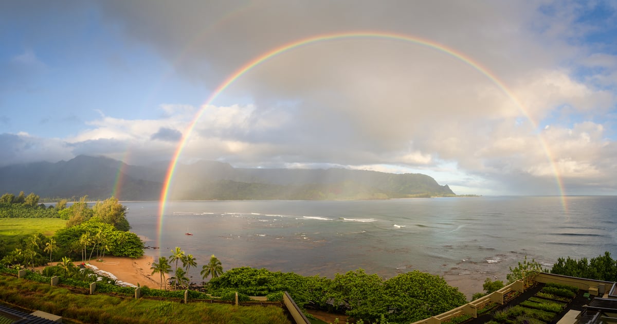 145 megapixels! A very high resolution, large-format VAST photo print of a beautiful double rainbow over an idyllic tropical bay with palm trees, a beach, and verdant mountains in the background; landscape photograph created by Jeff Lewis in Hanalei, Hawaii.