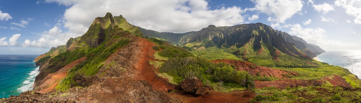246 megapixels! A very high resolution, large-format panorama photo print of a beautiful landscape in Hawaii with verdant mountains, the Pacific ocean, a blue sky, and puffy white clouds; panorama photograph created by Jeff Lewis in Kalalau Valley, Kauai, Hawaii.