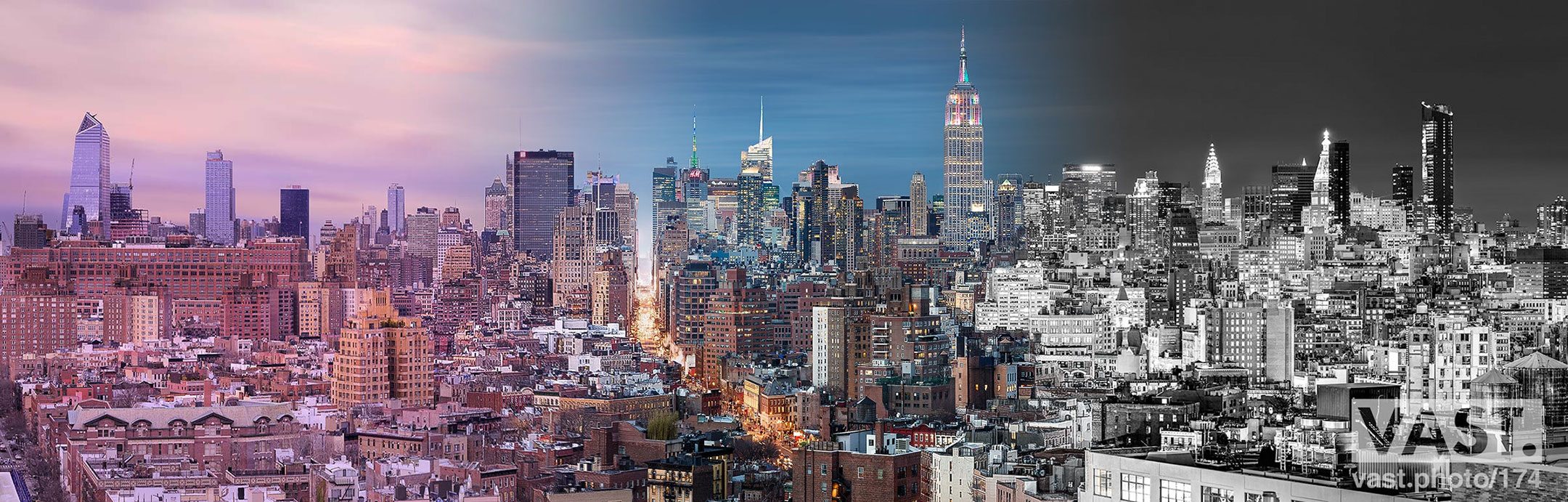 A very high resolution, large-format VAST photo HDR triptych of the Manhattan, New York City skyline at sunset, dusk, and night; cityscape photo created by Dan Piech