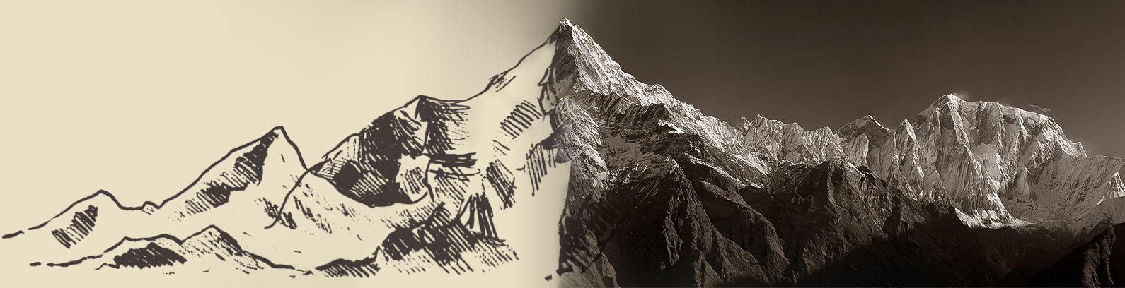 Visualization of a photo being inspired with a sketch of a Himalaya mountain landscape blending into an actual photo of a Himalaya mountain landscacpe; high resolution VAST Photo by Doug Kofsky.